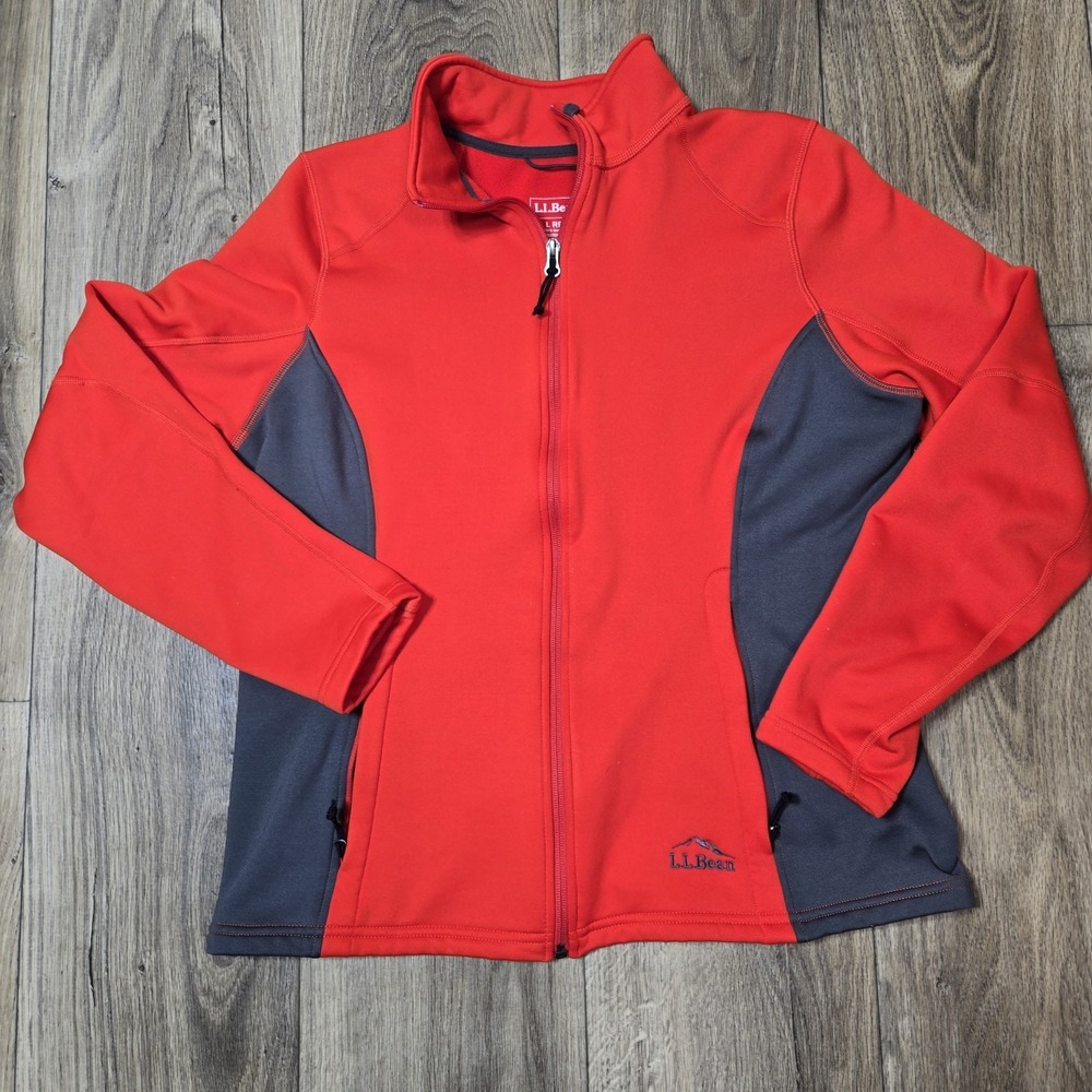 L.L. Bean Red Full Zip Red Gray Jacket Size Large Polyester Blend EUC
